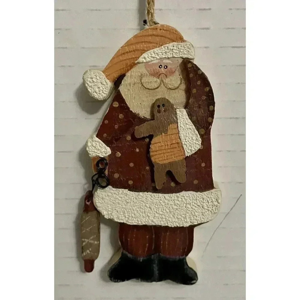 Wood Santa Claus ￼With‎ Rolling Pin And Gingerbread Man Ornament 4 In Rustic